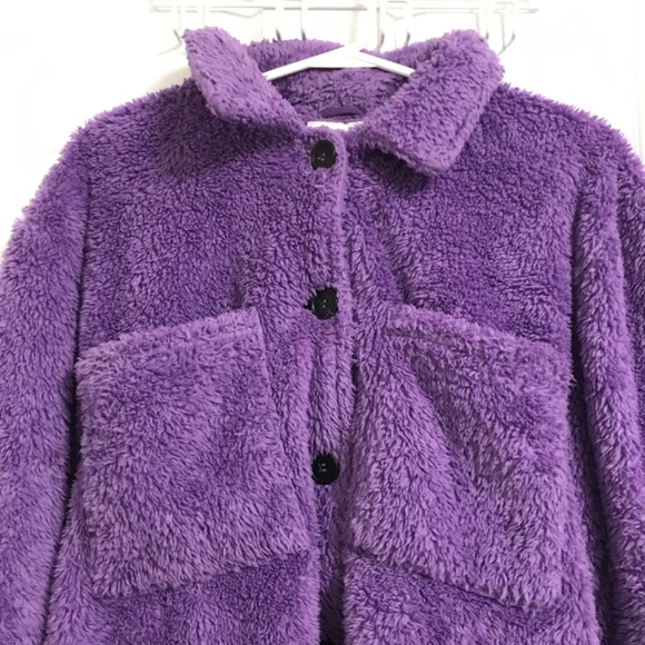 NOISY MAY Teddy Fleece Jacket Sweater L Purple Button Down Super Soft Cozy - Picture 2 of 7